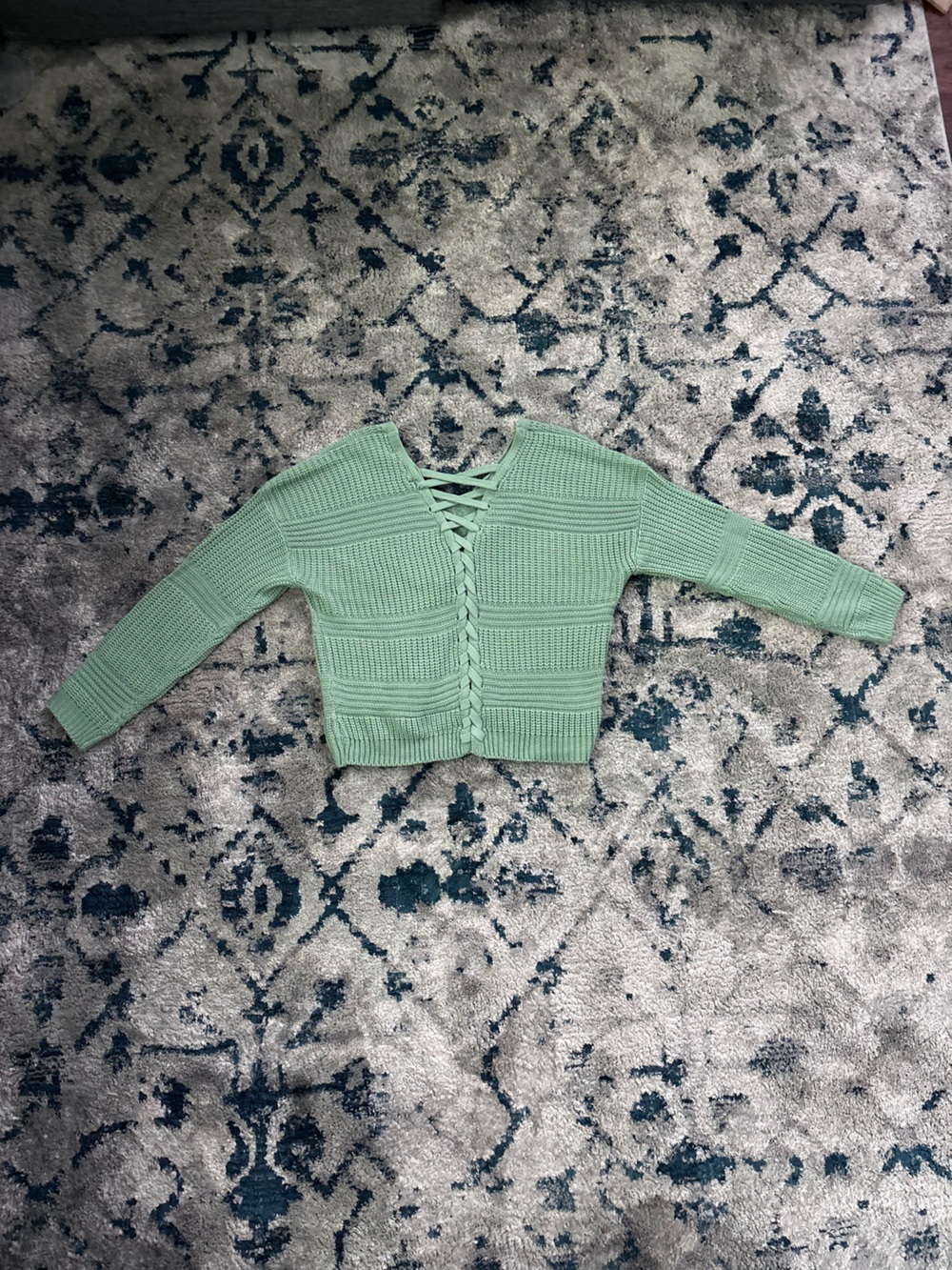 Women's Sage Green Knit Lace-Up V-Neck Sweater